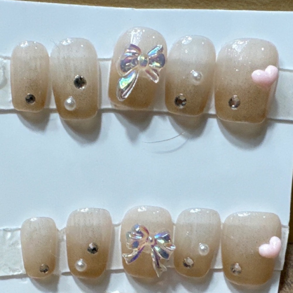 Nude Ombre Press On Nails with 3D Bows Pearls and Hearts‎ Short Square